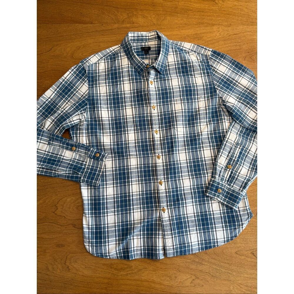 J. Crew Men's Cotton Plaid Long Sleeve Button Down Shirt Blue White Size XL